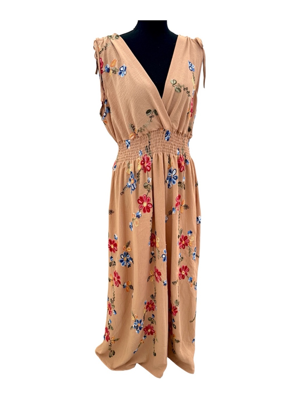 Floral Embroidered Tan Maxi Dress with Smocked Waist